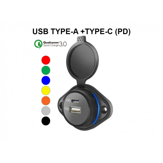 Двойное накладное USB зврядное устройство USB Type-A + Type-C PD QC3.0 TUC-1004-BK