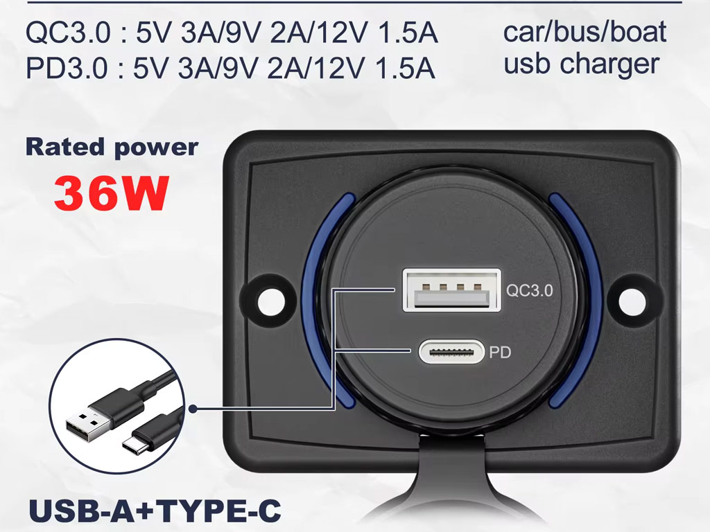  usb connector in a subway car Overhead USB charger for passenger transport USB Type-A + Type-C PD QC3.0 TUC-1104-BK